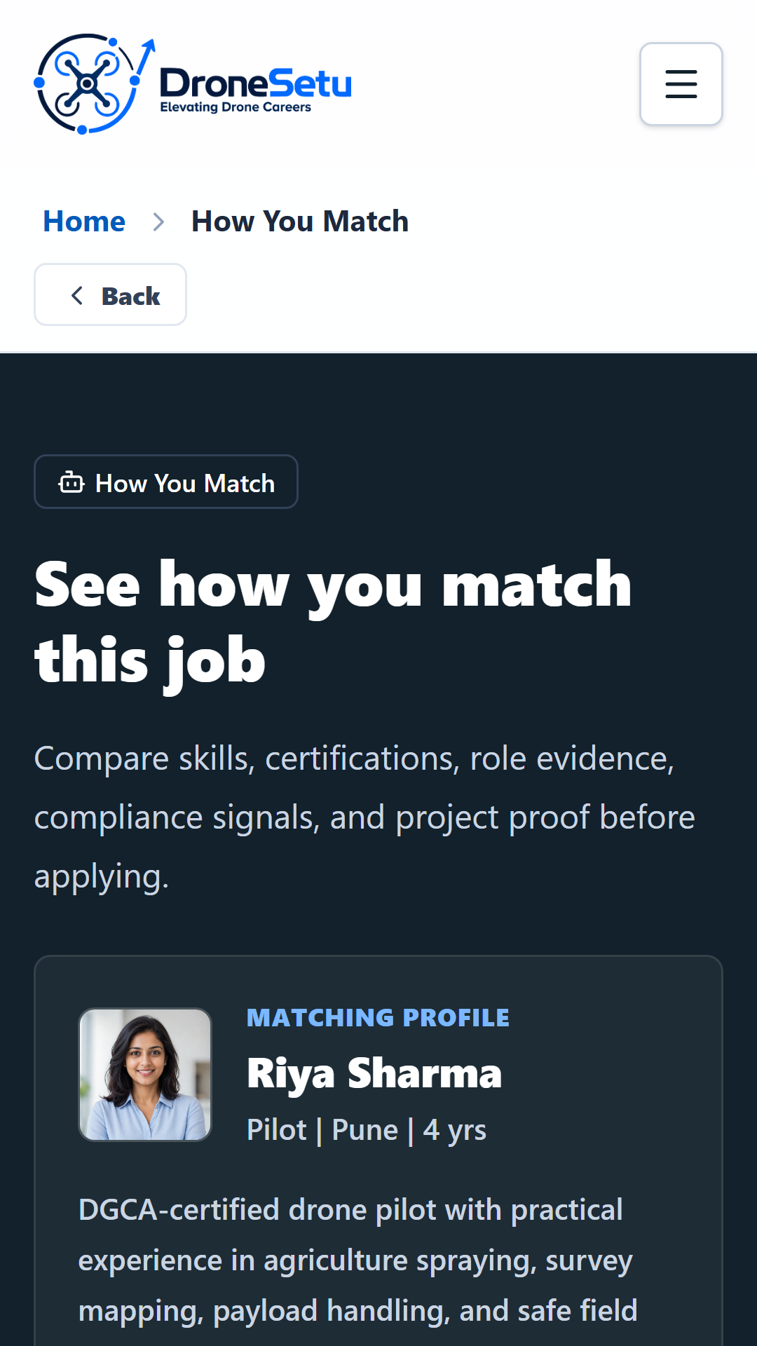 DroneSetu Candidate-to-role matching screen