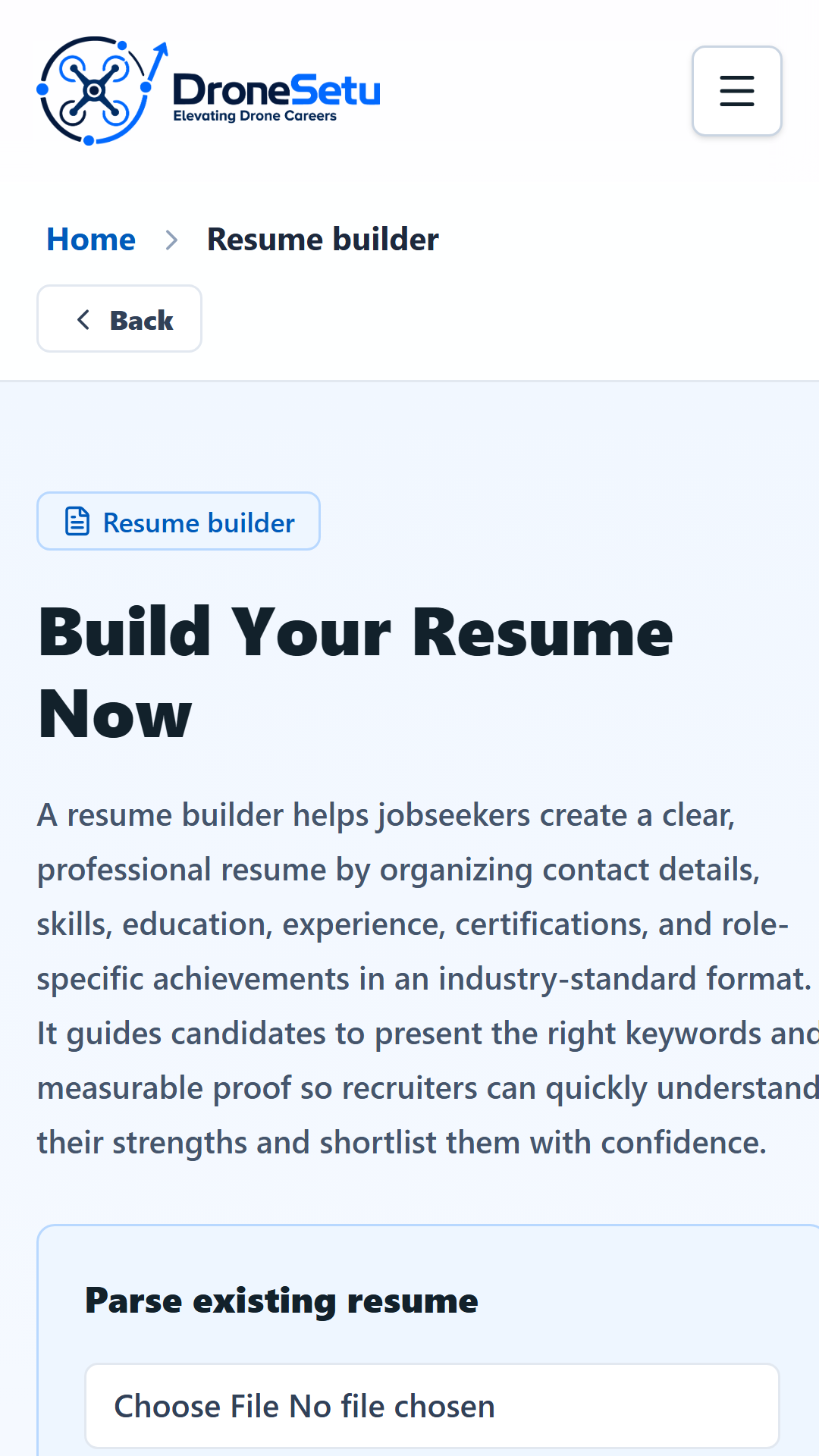 DroneSetu Guided resume building screen